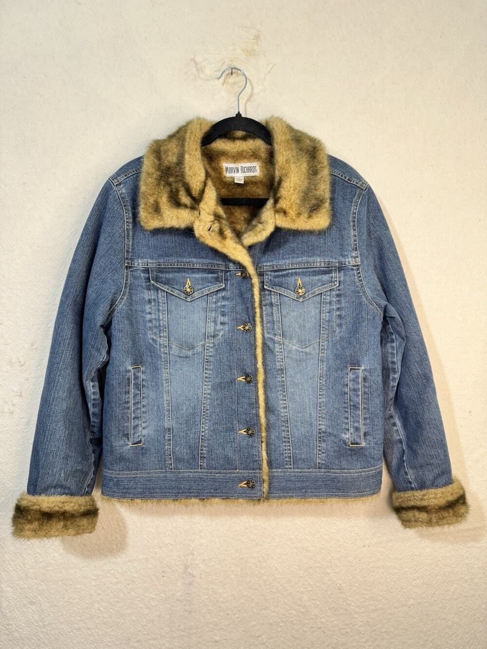 Marvin Richards Denim Jean Jacket Faux Fur Lined/Trimmed Women’s Large 90s VTG